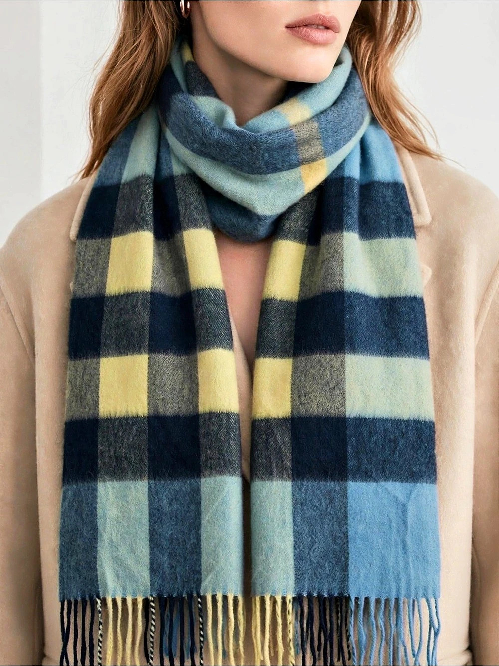 Burberry Plaid Cashmere  Scarf in Blue & Yellow Like New